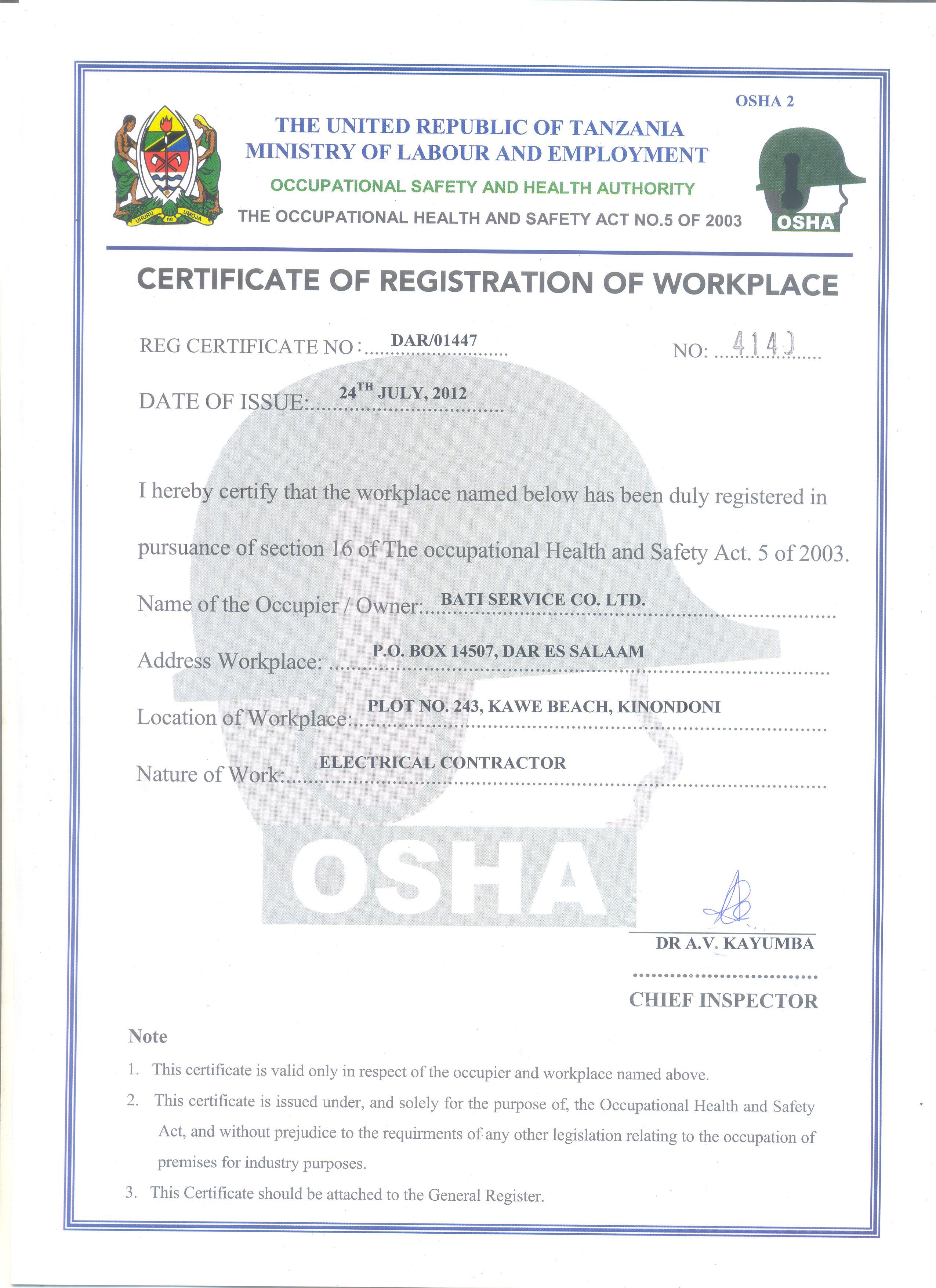 OSHA Certificate