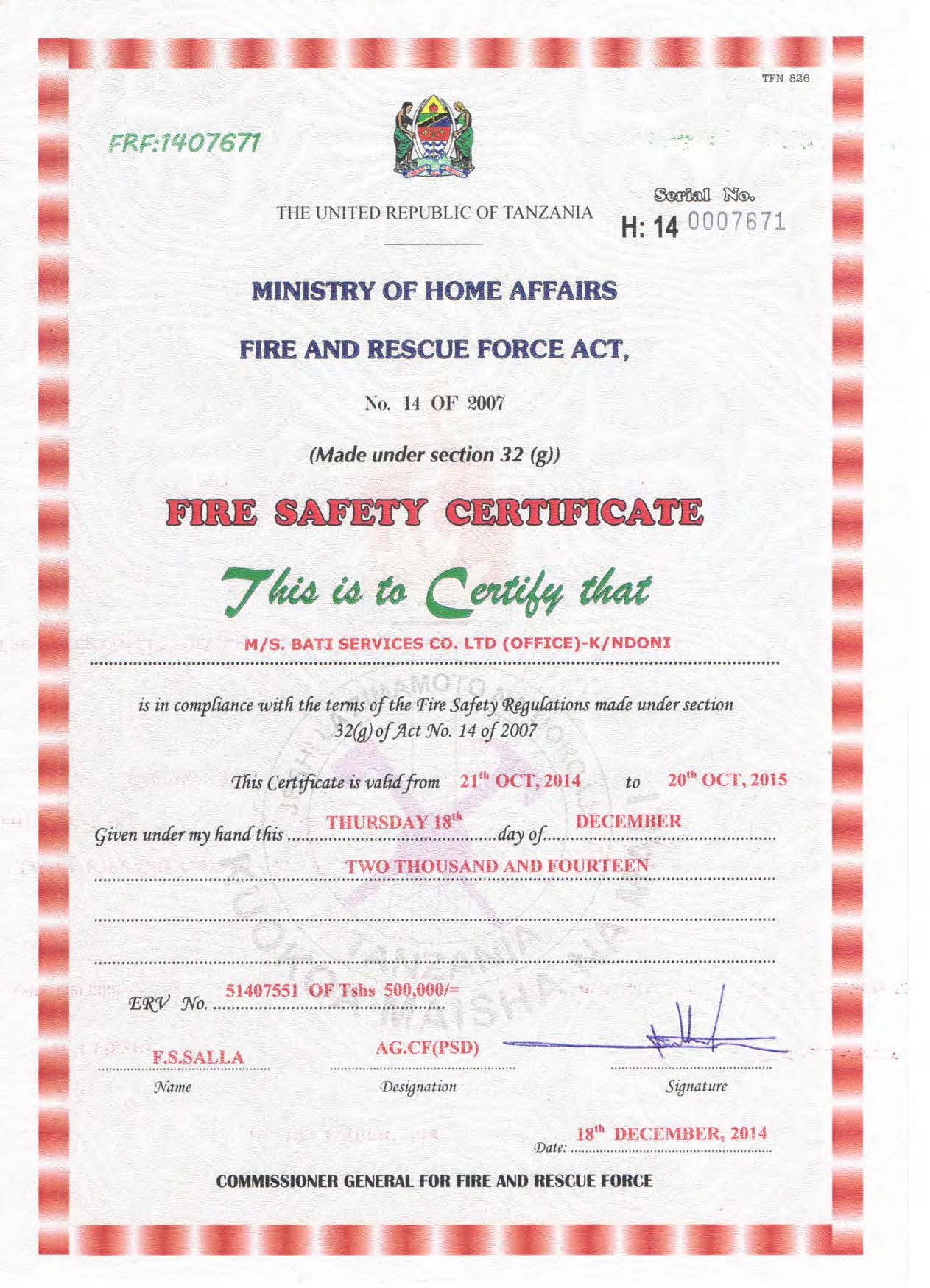 Fire Safety Certificate